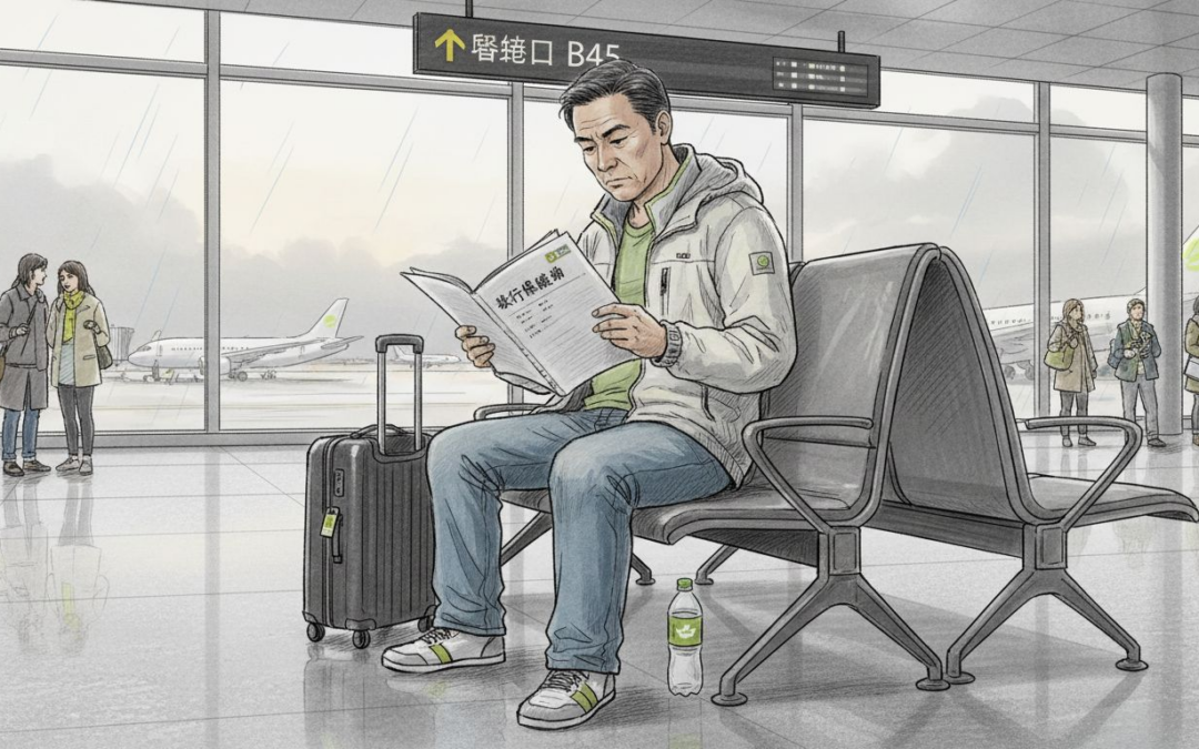 一位旅客在机场候机时仔细阅读自己的保险条款。
