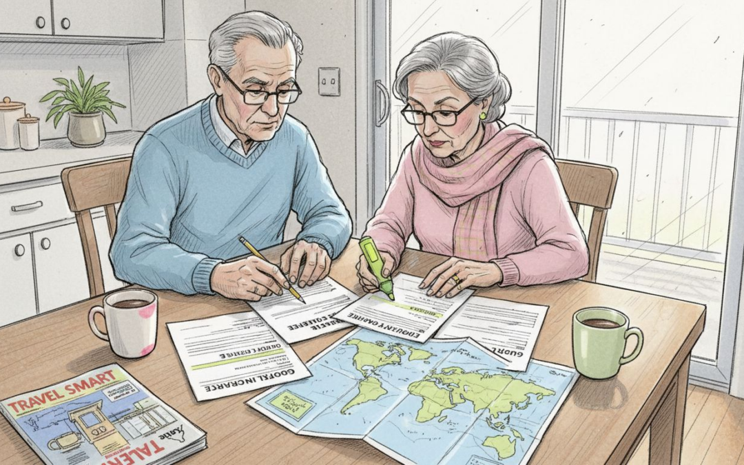 Senior couple reviews travel insurance at home