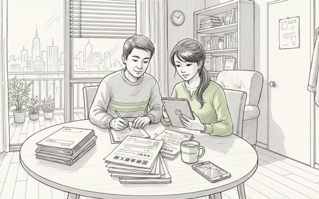 一对夫妻在家认真查看境外保险资料，仔细了解相关保障内容。