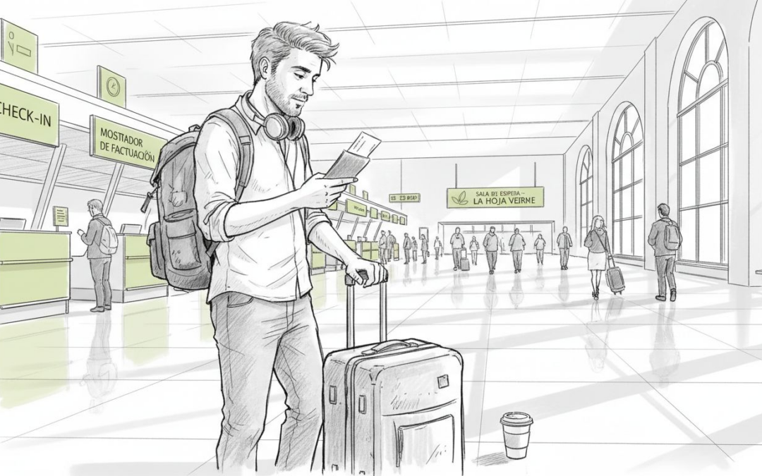 Un joven preparando su equipaje en el aeropuerto, listo para empezar una nueva aventura.