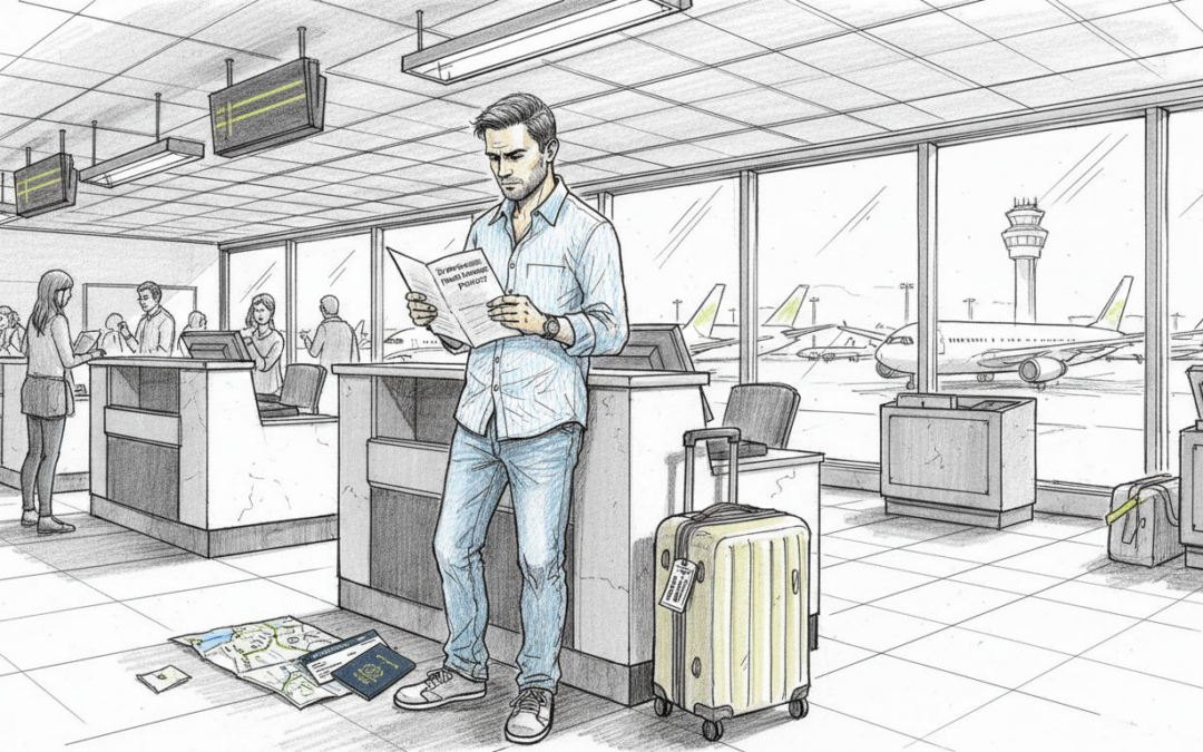 Traveler reviewing insurance at airport check-in