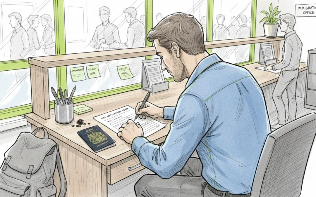 Traveler filling out visa application at desk