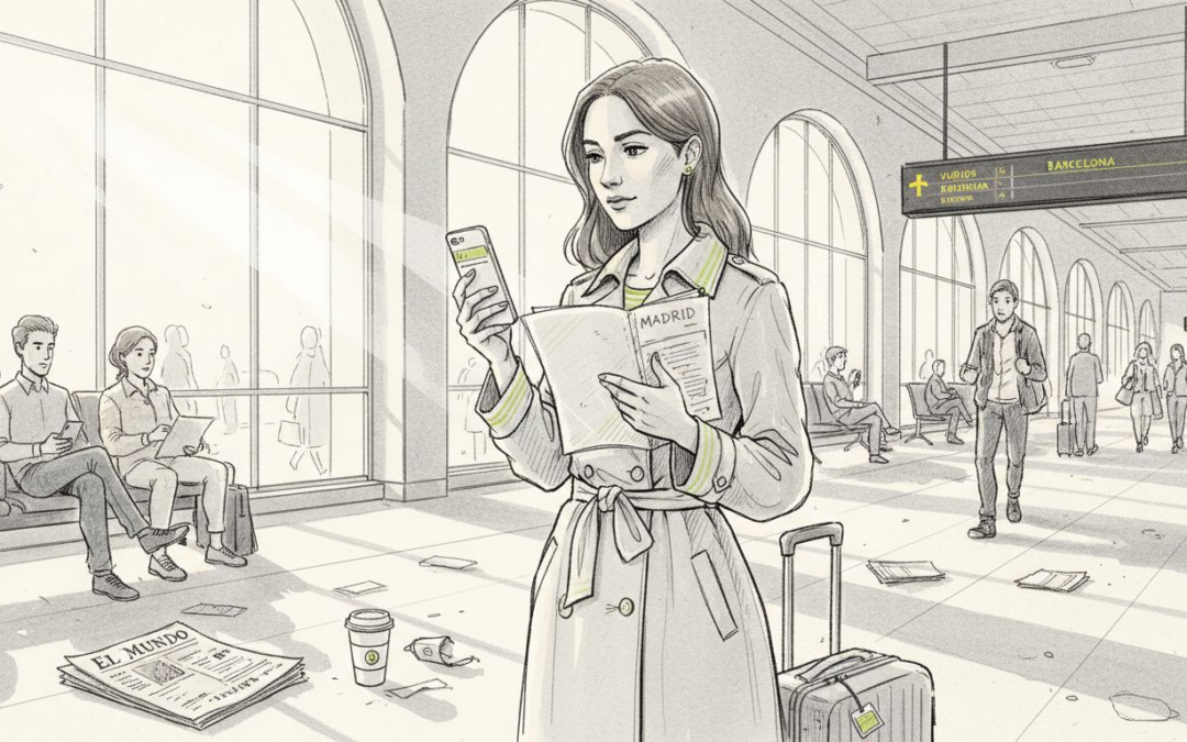 Mujer extranjera en el aeropuerto revisando sus papeles para viajar.
