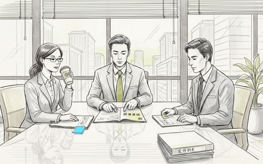 多位保险顾问围坐在一起，深入探讨全球医疗保障方案。