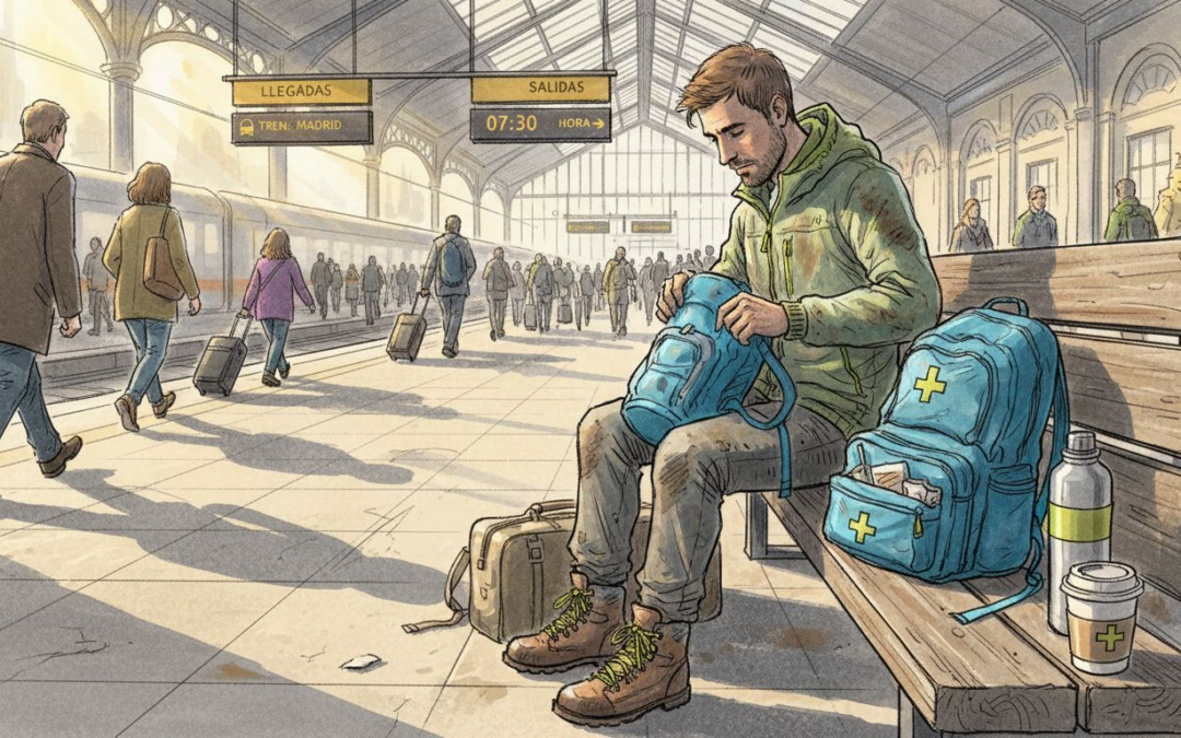 Un joven mochilero organiza su mochila mientras espera el tren en la estación.