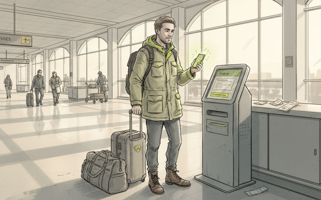 Traveler reviewing insurance at airport kiosk