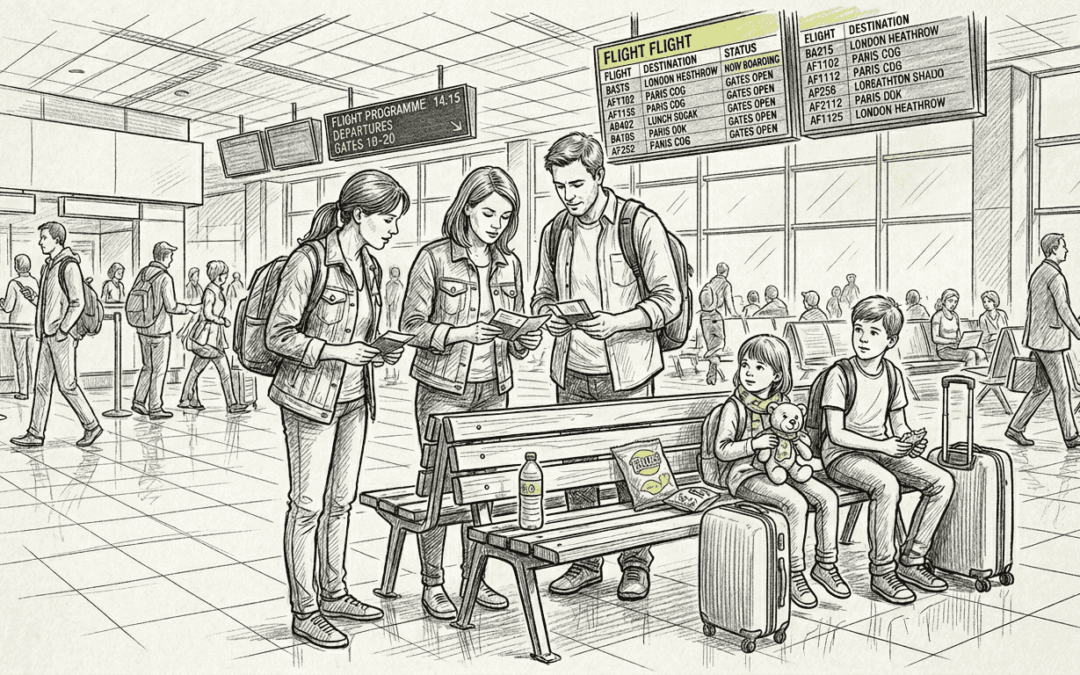 Family looking at travel documents in airport