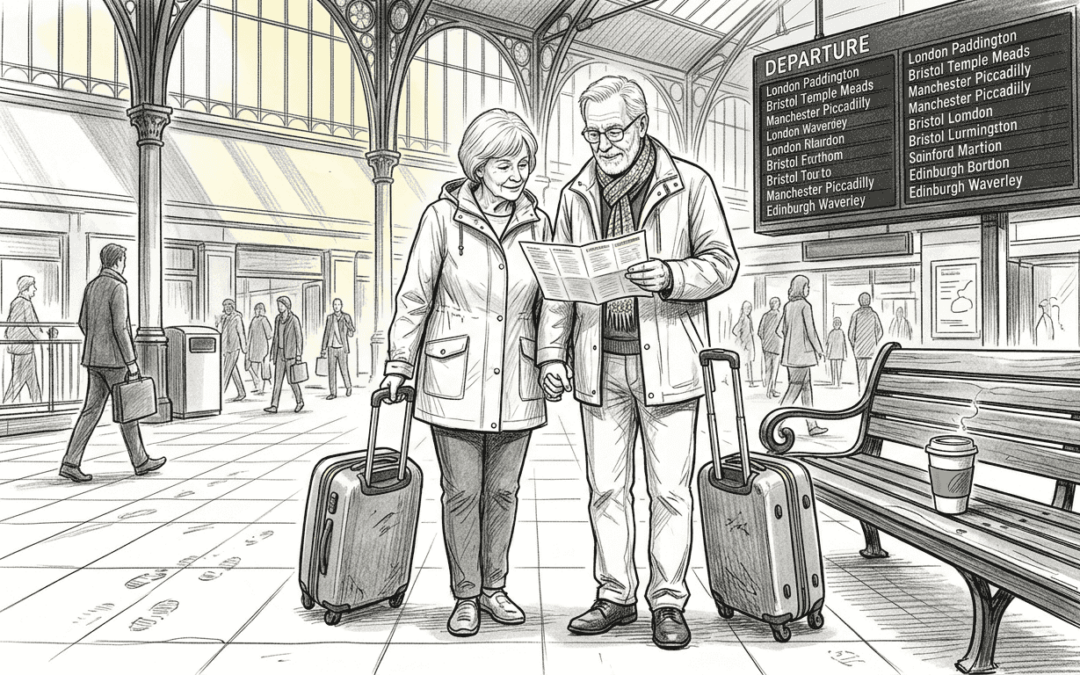 Seniors reading itinerary at UK train station