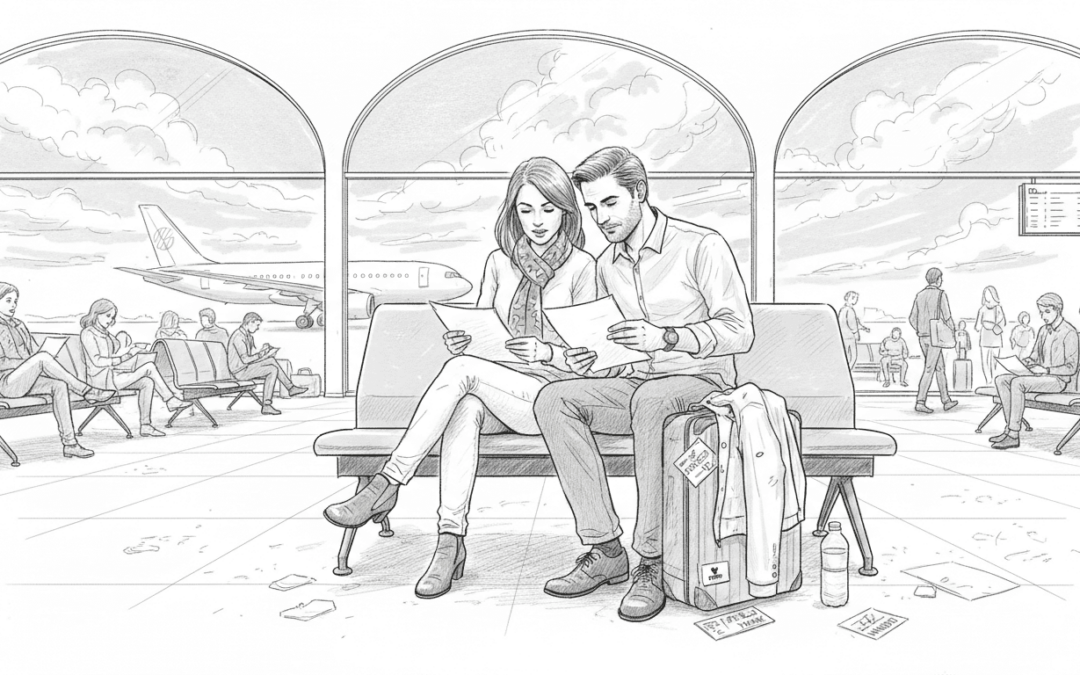 Una pareja aguarda su vuelo en la sala de espera del aeropuerto.