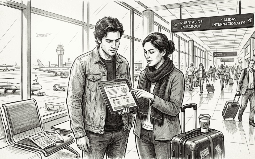Una pareja revisa diferentes opciones de seguro de viaje mientras espera en el aeropuerto.