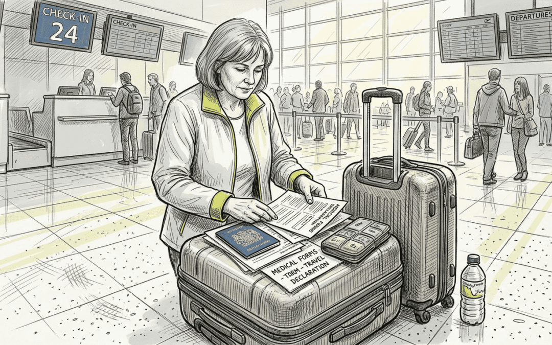 Traveler organizing medical documents at airport