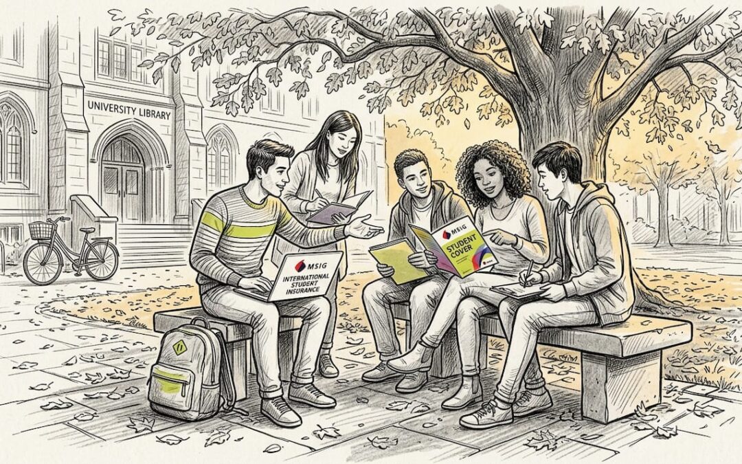 International students discussing insurance options outdoors