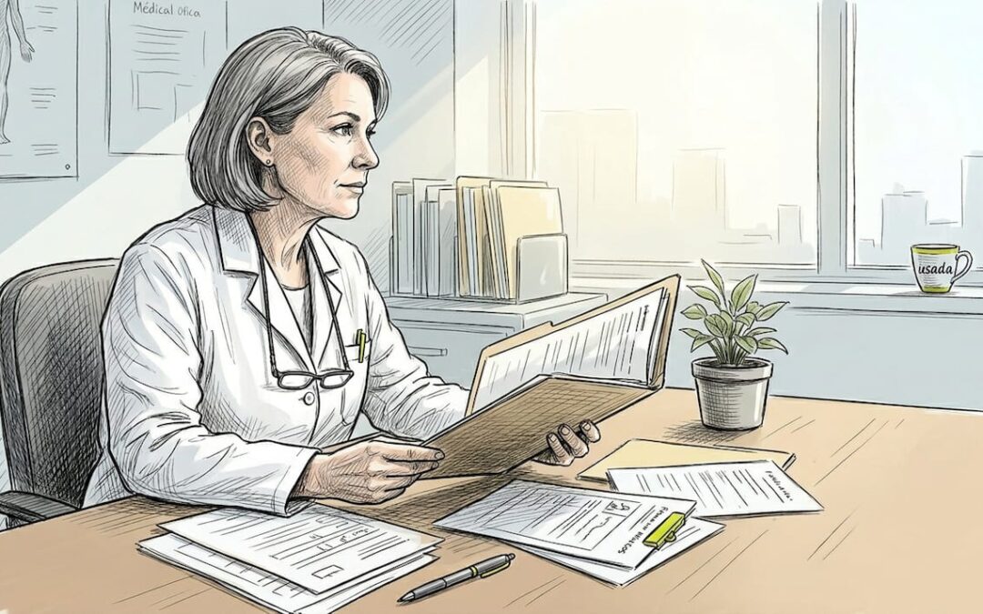 Doctora revisando la historia clínica de un paciente en un consultorio realista