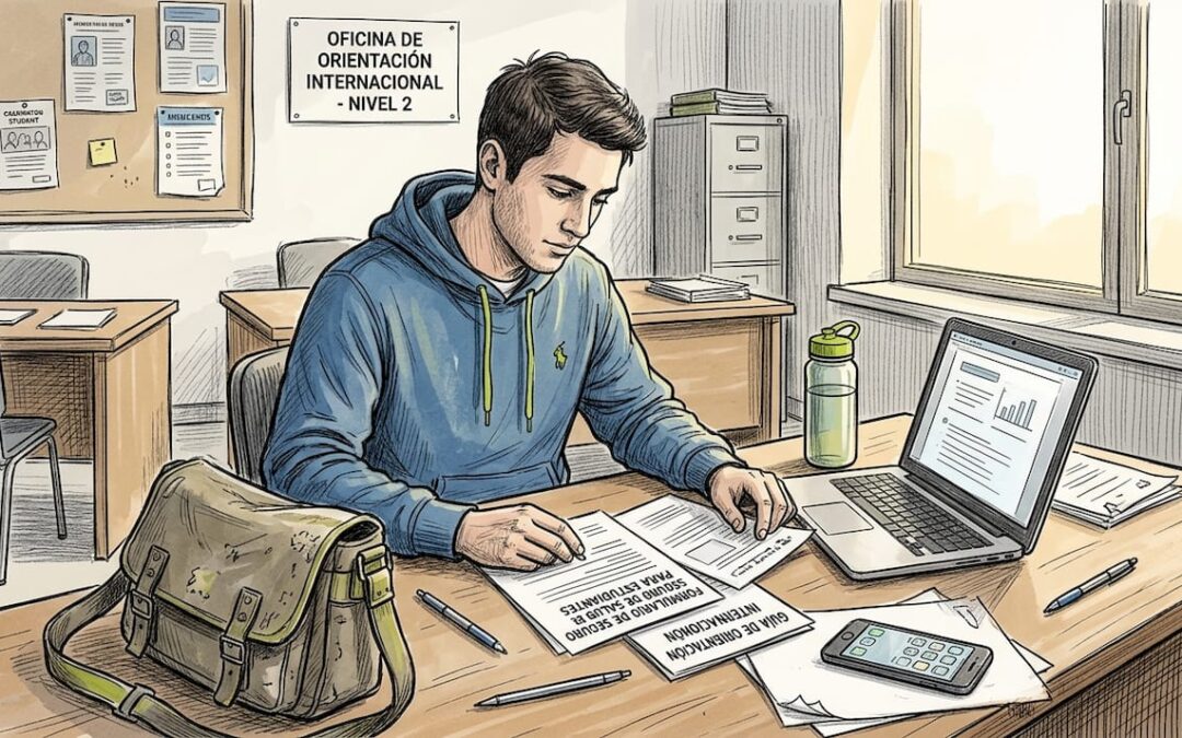 Joven universitario revisando los papeles de su seguro médico