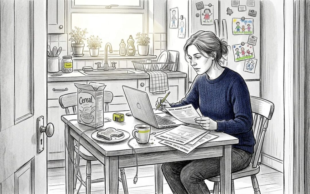 Expat comparing health insurance at kitchen table