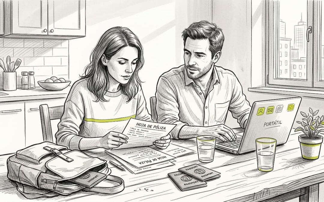 Una pareja revisa tranquilamente la documentación del seguro mientras están en la cocina.