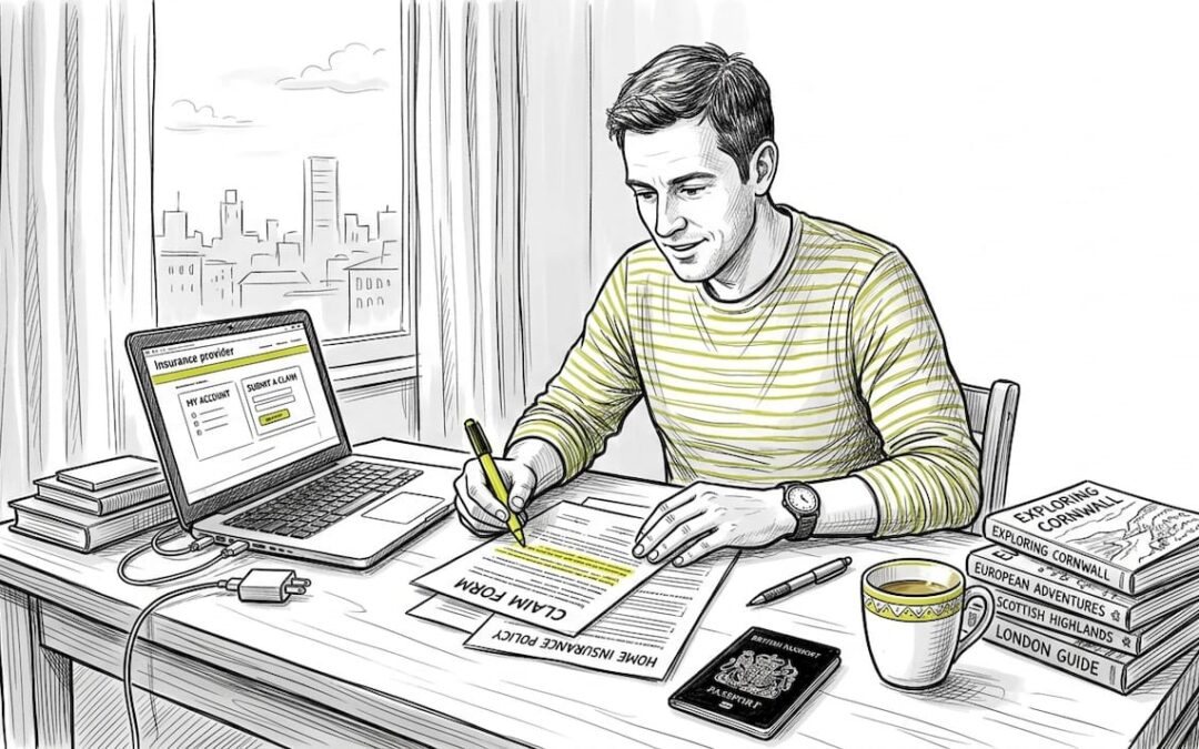 Expat reviewing insurance documents at home desk
