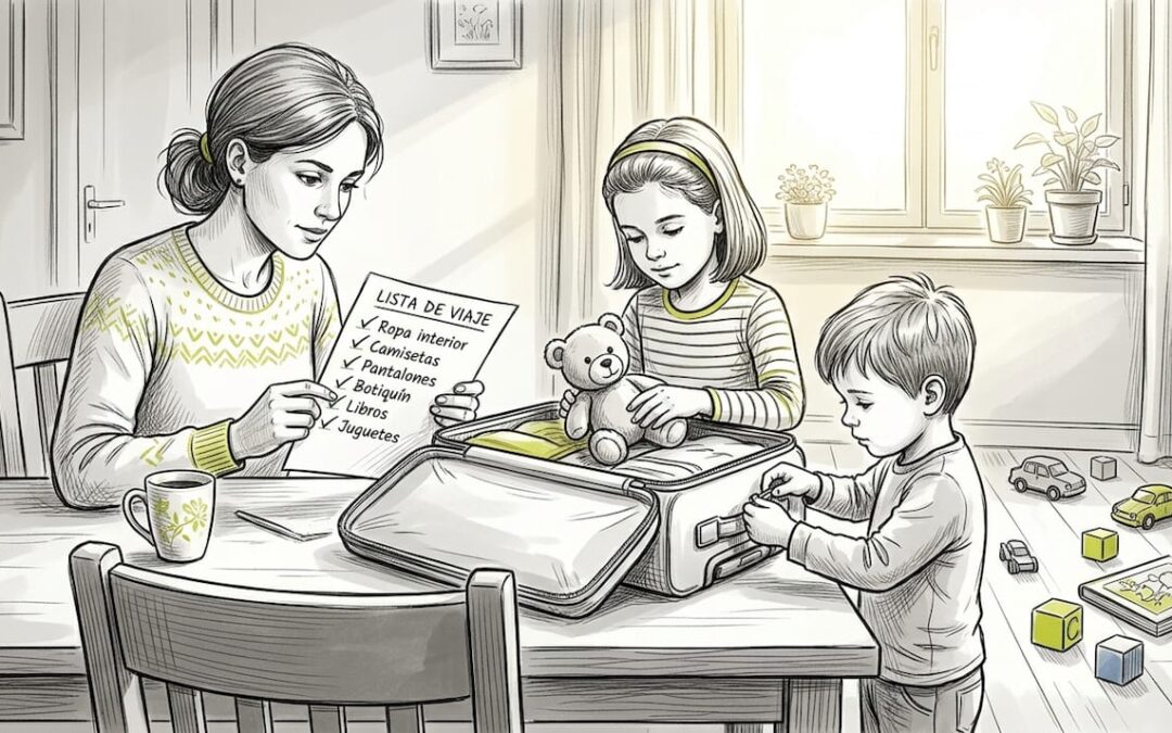 Una familia prepara la maleta juntos en el comedor de casa