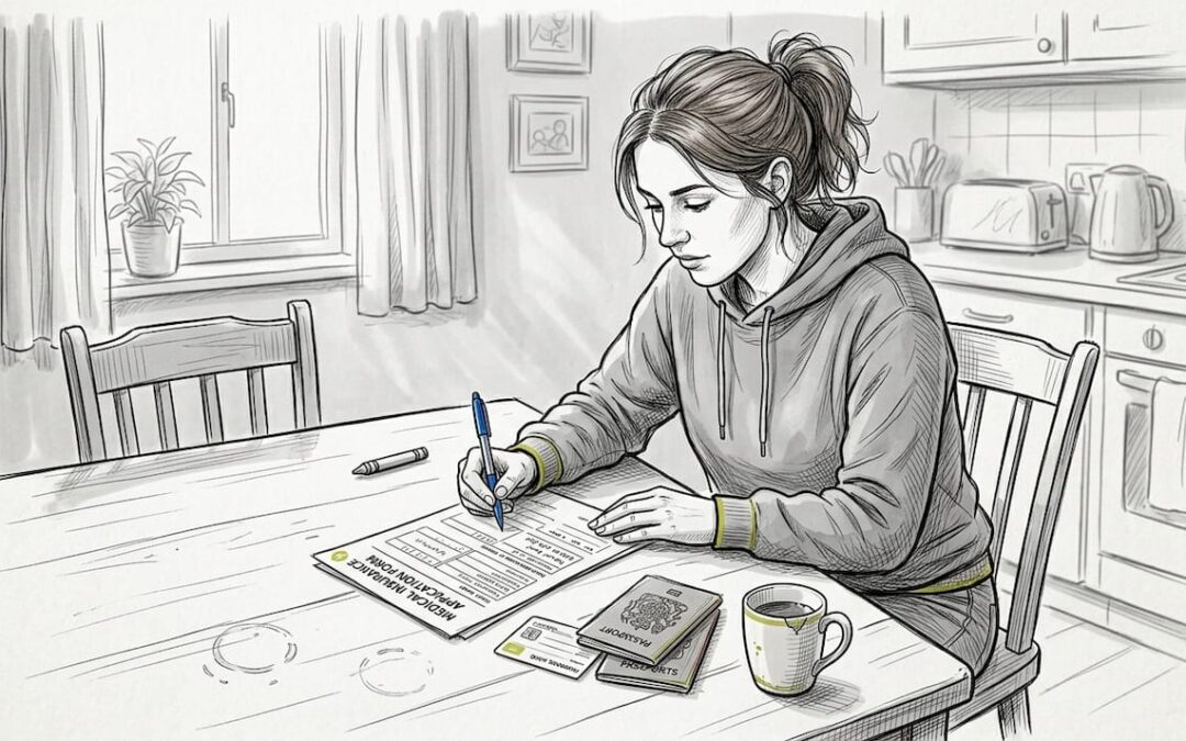 Au pair filling medical insurance forms at kitchen