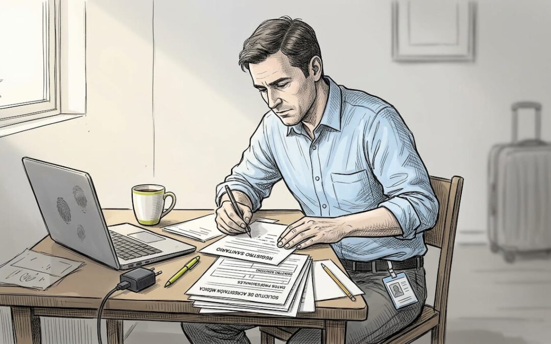 Médico revisando y completando documentación en un piso provisional