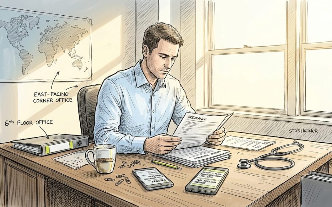 Doctor reviewing insurance documents in office
