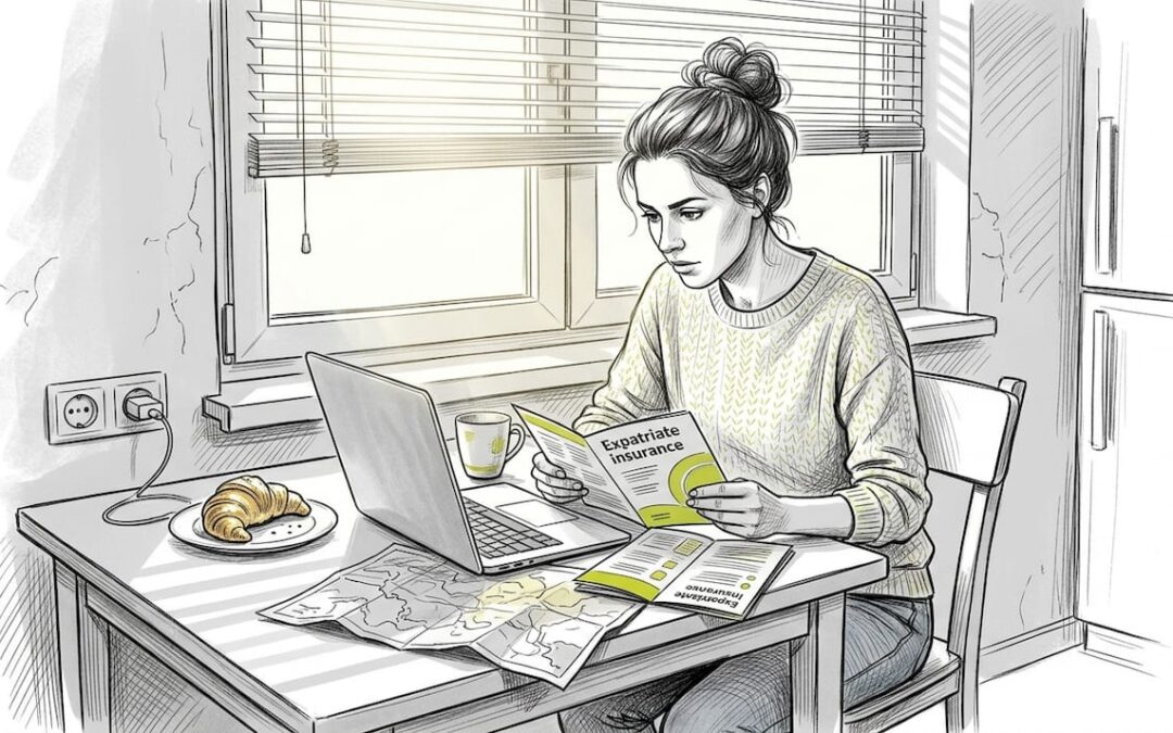 Woman reviews expat insurance documents at table