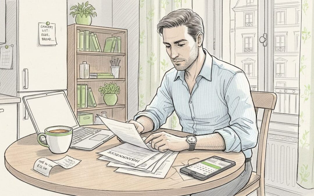 Expat reviewing insurance documents at kitchen table