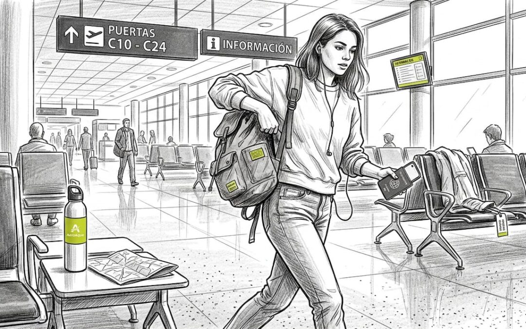 Chica joven con mochila esperando su vuelo en el aeropuerto
