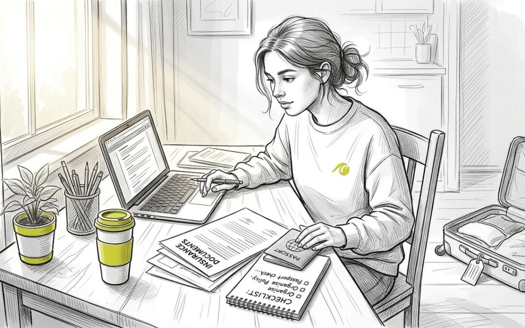 Student checking insurance documents at kitchen table