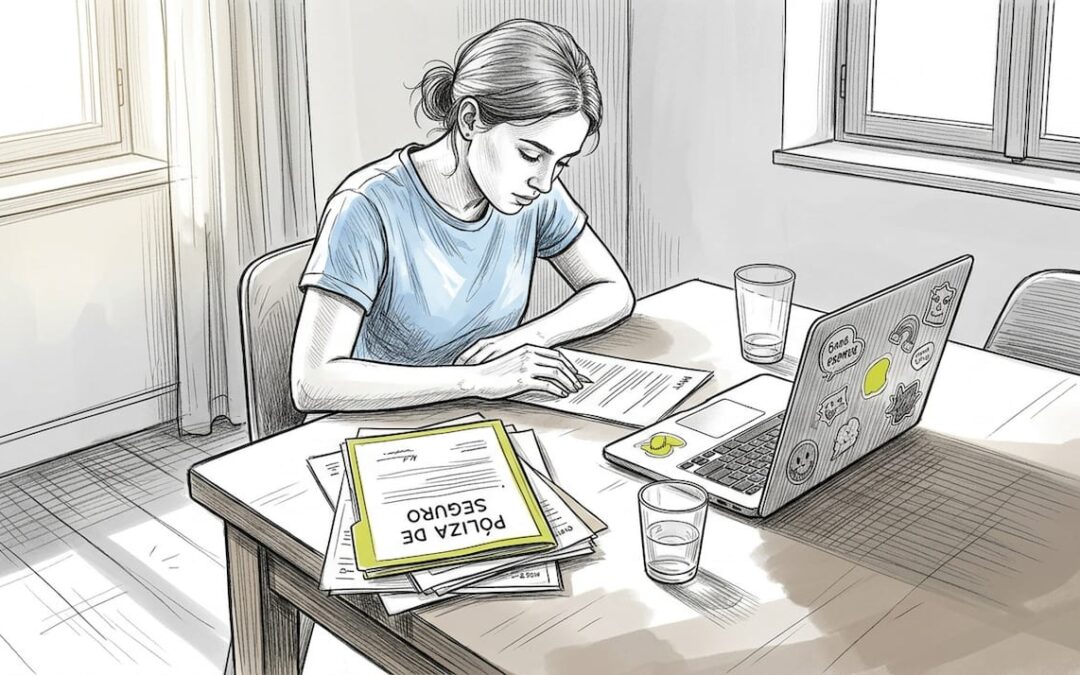 La au pair revisa los papeles del seguro mientras está sentada en el comedor.