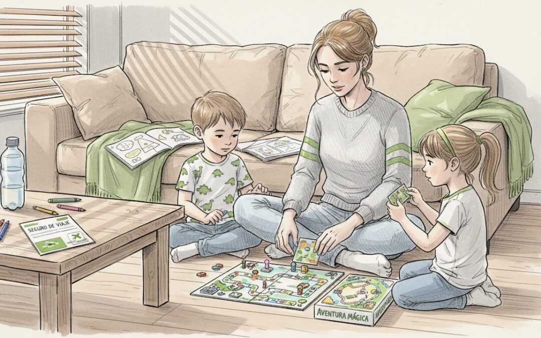 Una au pair disfruta jugando con los niños en el salón, iluminado por la luz del sol.