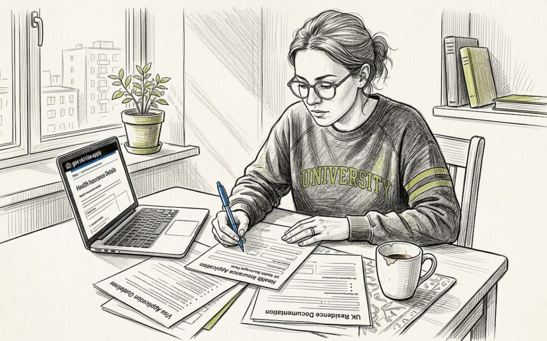 Woman completing visa insurance forms at table