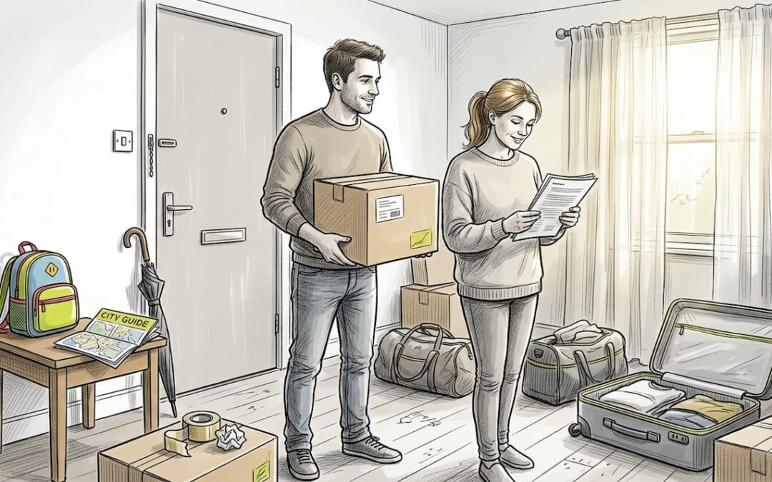 Expat family unpacking in new city apartment