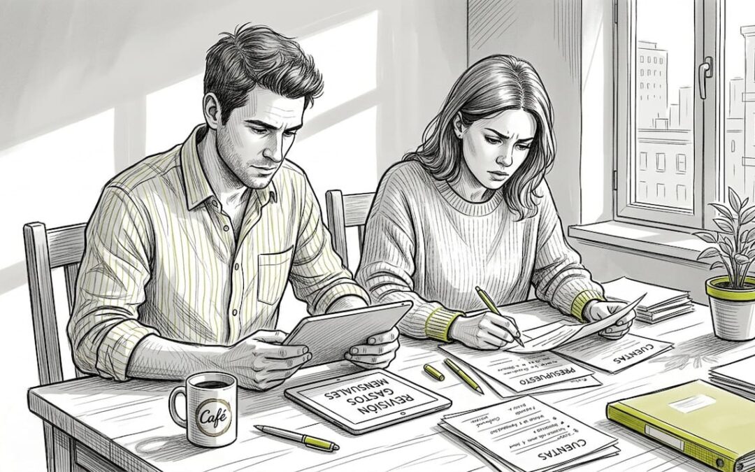 Una pareja analiza detenidamente los documentos de su seguro internacional.