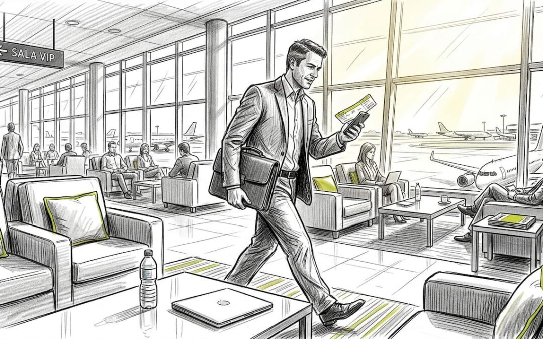 Ejecutivo aprovechando su tiempo de espera en la sala VIP del aeropuerto para trabajar cómodamente.
