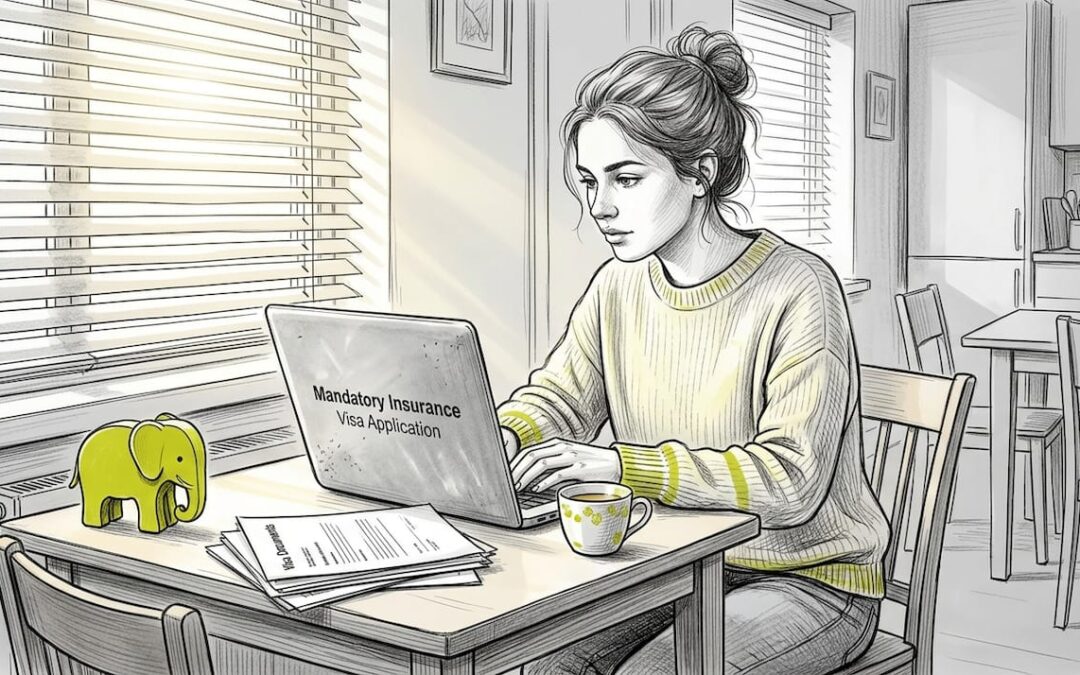 Au pair researching insurance at dining table