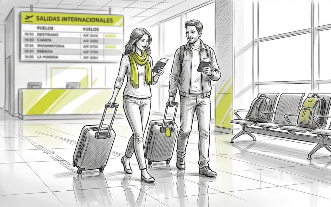 Una pareja revisa sus papeles sonriente mientras espera en el aeropuerto.