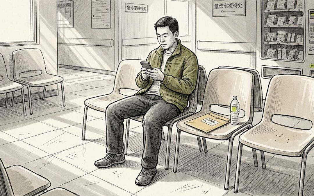在医院急诊室门口，患者和家属焦急地等待着医生的救治，整个大厅充满了紧张和期待的氛围。