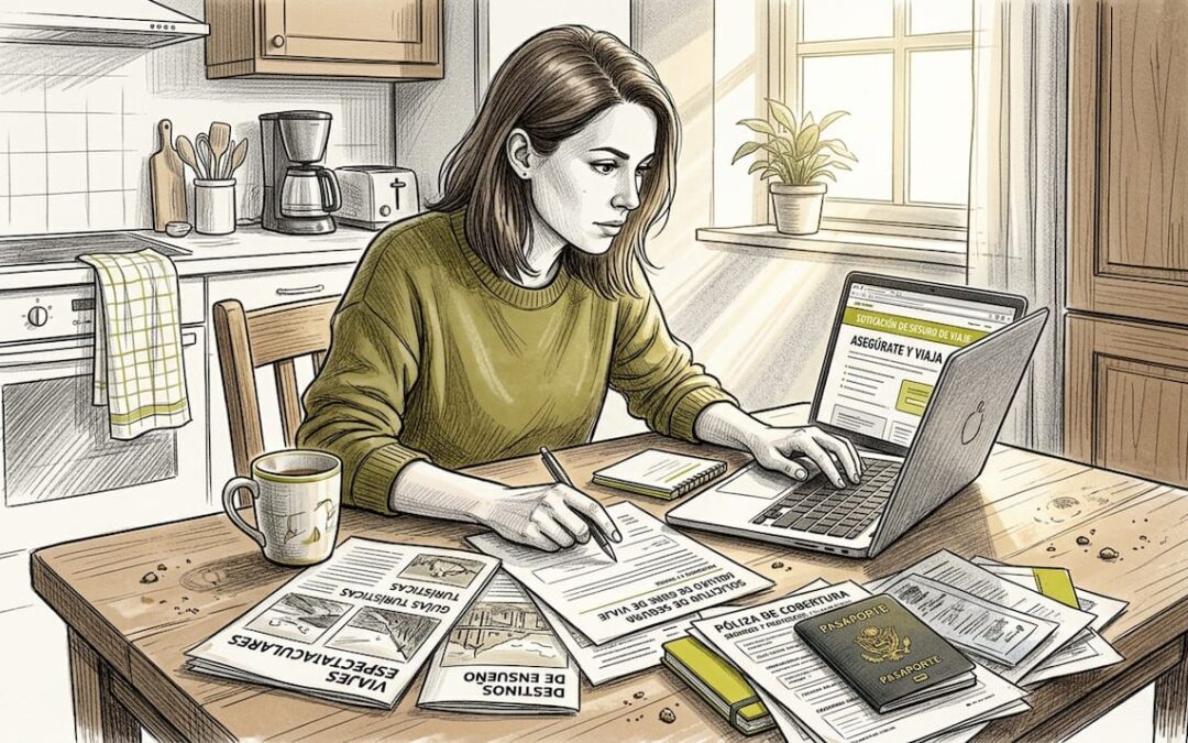 Mujer revisando en casa los documentos de su seguro de viaje