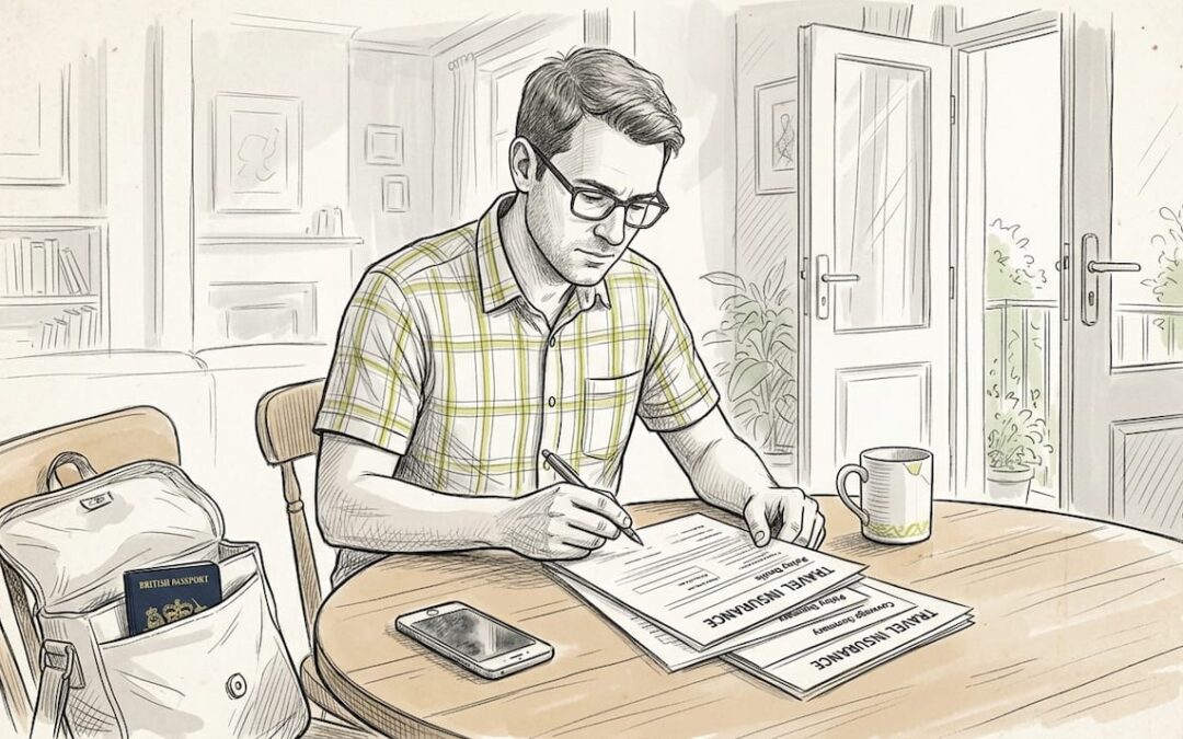 Traveler reading travel insurance documents at kitchen table