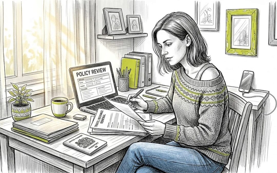 Woman reviewing expat health policy at desk