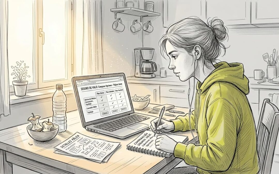 Un estudiante revisando y comparando distintos seguros de viaje desde casa.