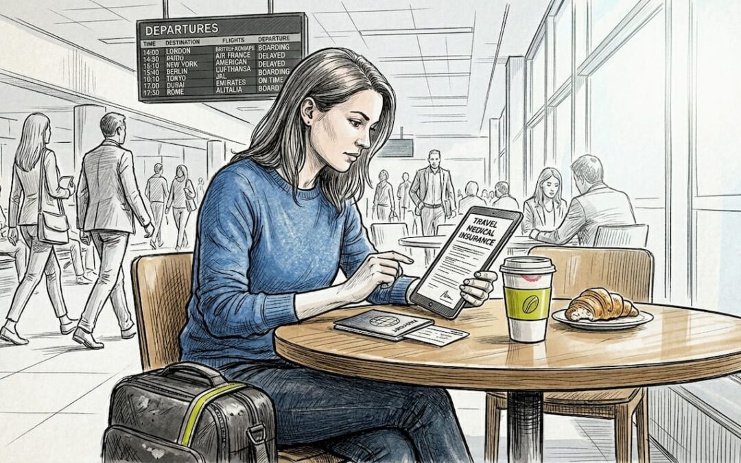 Expat reviewing insurance documents in airport café
