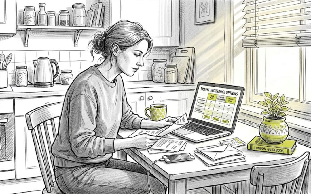 Woman comparing travel and expat insurance at home