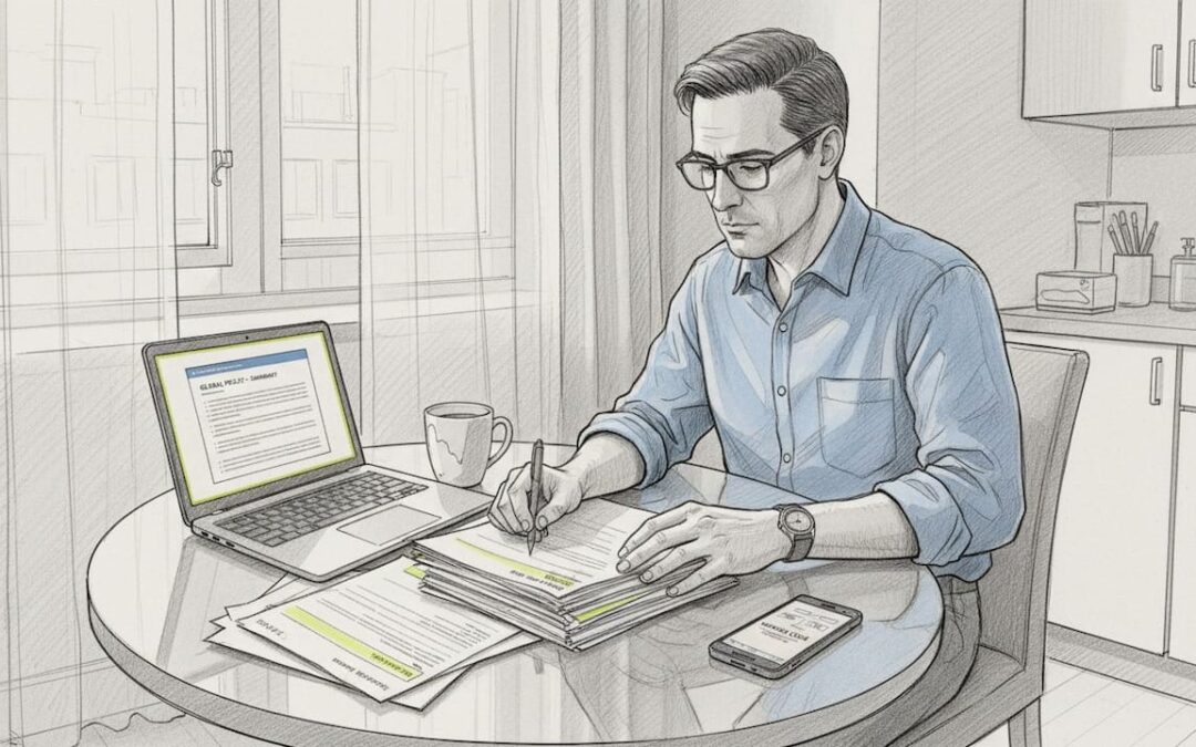 Man reviewing expat insurance forms at home