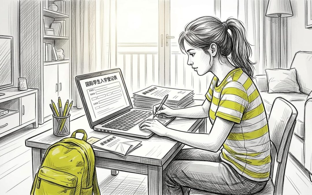 一位留学生正在家中填写保险相关的表格。