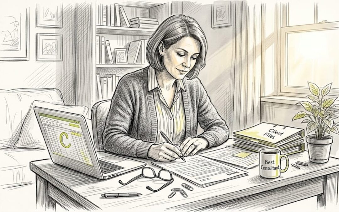 Consultant filling forms in home office