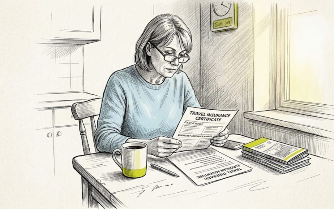 Woman reviewing travel insurance at kitchen table