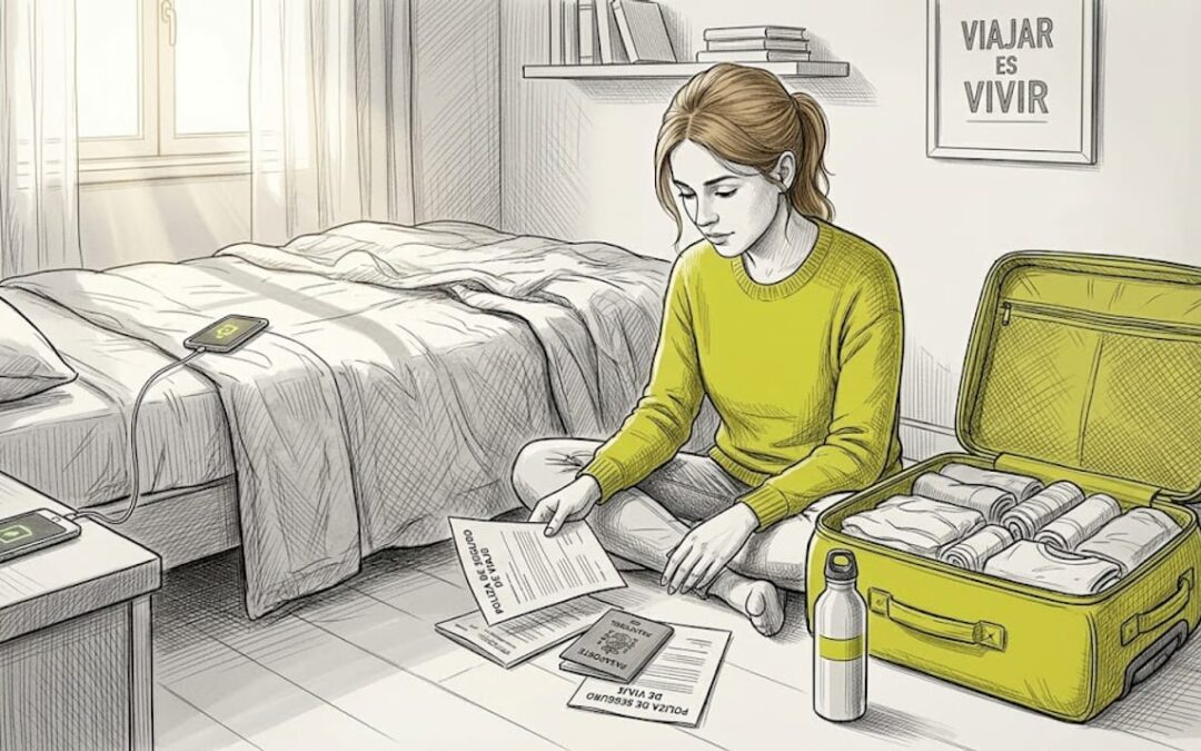 Una joven au pair prepara su maleta y revisa todos los documentos necesarios antes de partir.