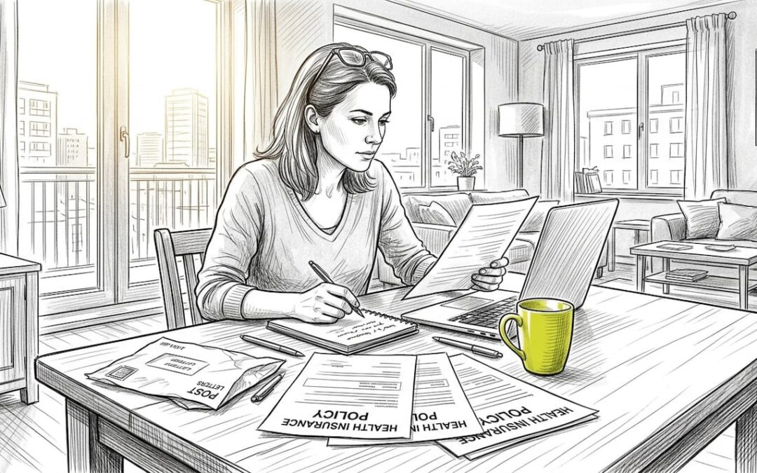 Expat reviewing healthcare documents at home